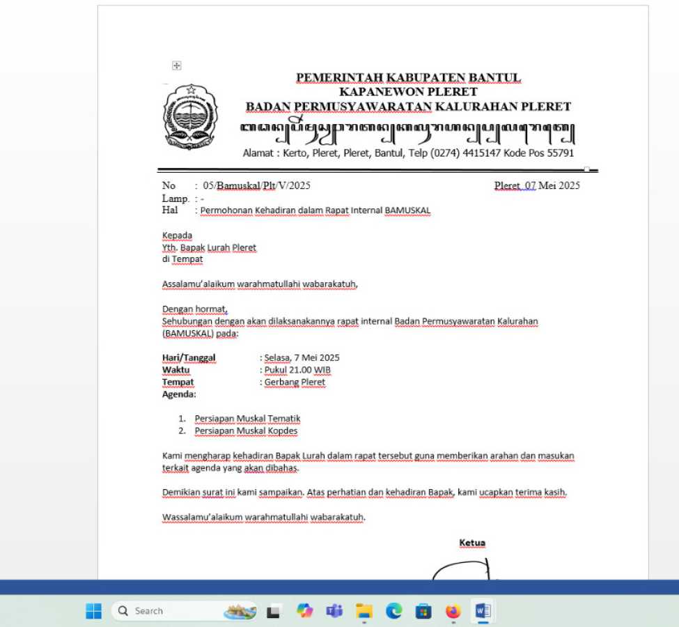 Membuat Surat Permohonan Kehadiran Lurah Pleret dalam rapat internal Bamuskal Membuat Surat Permohonan Kehadiran Lurah Pleret dalam rapat internal Bamuskal
